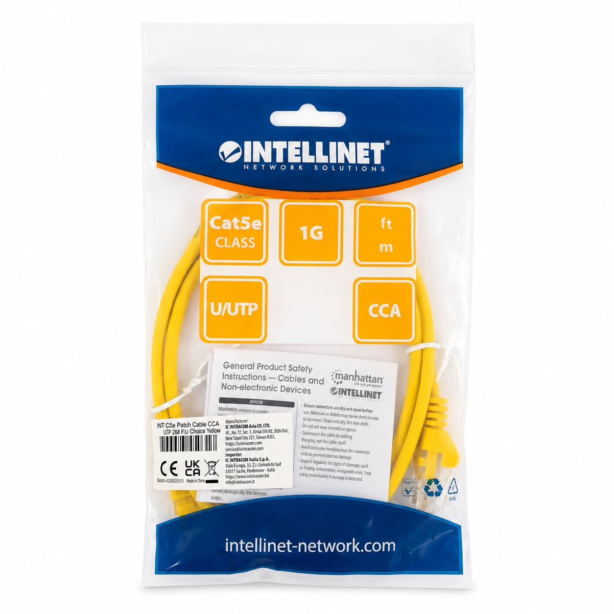 Cavo di rete Patch CCA Cat. 5e Giallo UTP 1 mt - Miniatura 2