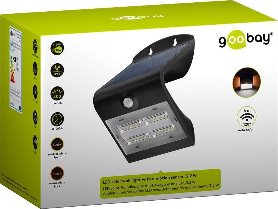 Lampada LED Solare a Muro 3,2W IP65 Sensore di Movimento Nero - Miniatura 2