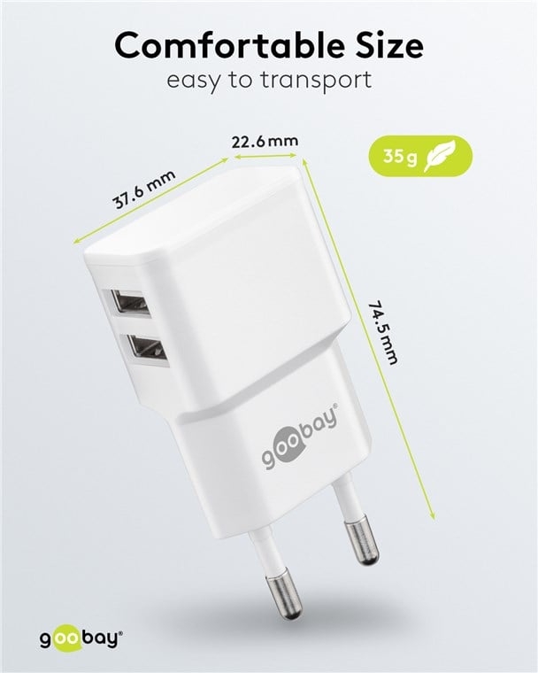 Caricatore da Muro 2 porte USB-A Slim Design 12W Bianco - Miniatura 2