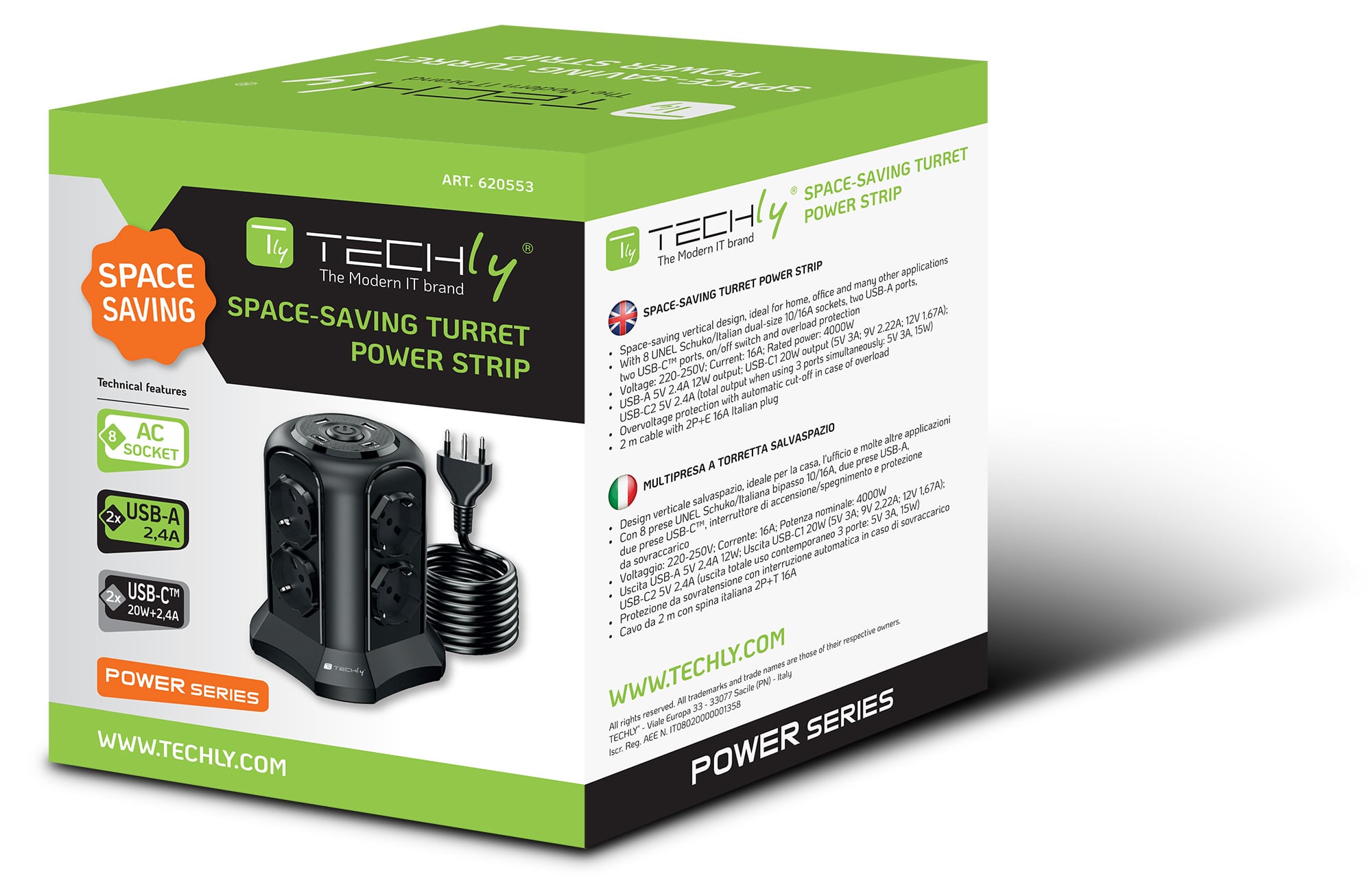 Multipresa da Tavolo a Torretta Salvaspazio 8 Posti Italiana Bipasso / Schuko 2 USB-A e 2 USB-C™ - Miniatura 2