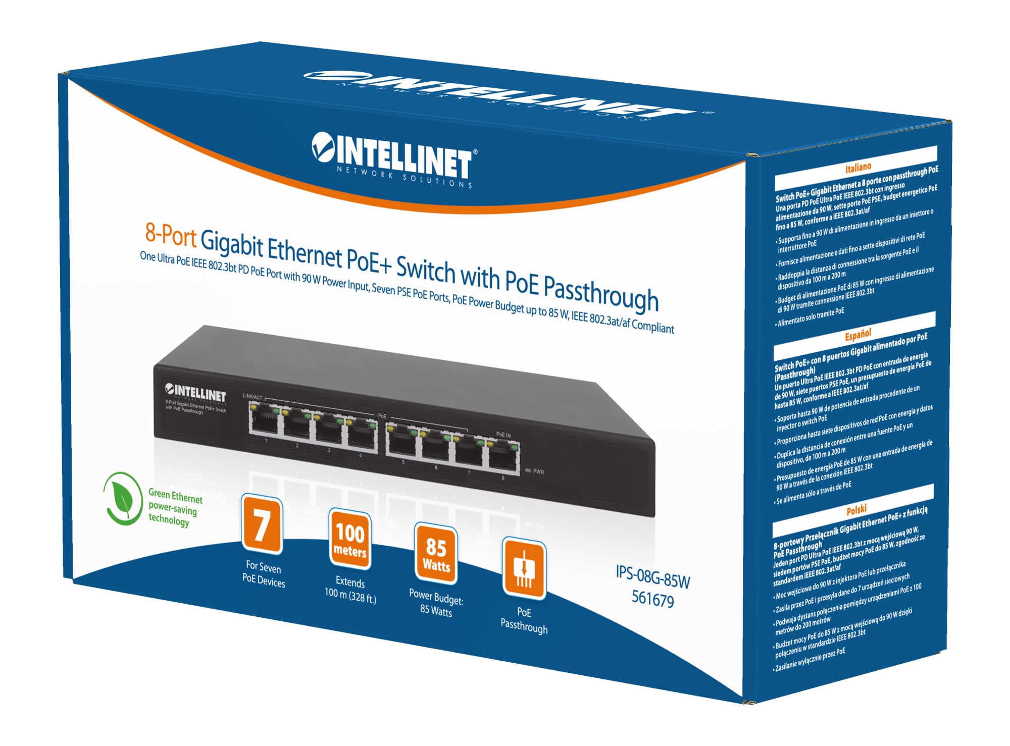 Switch PoE+ Gigabit Ethernet a 8 porte con passthrough PoE - Miniatura 2