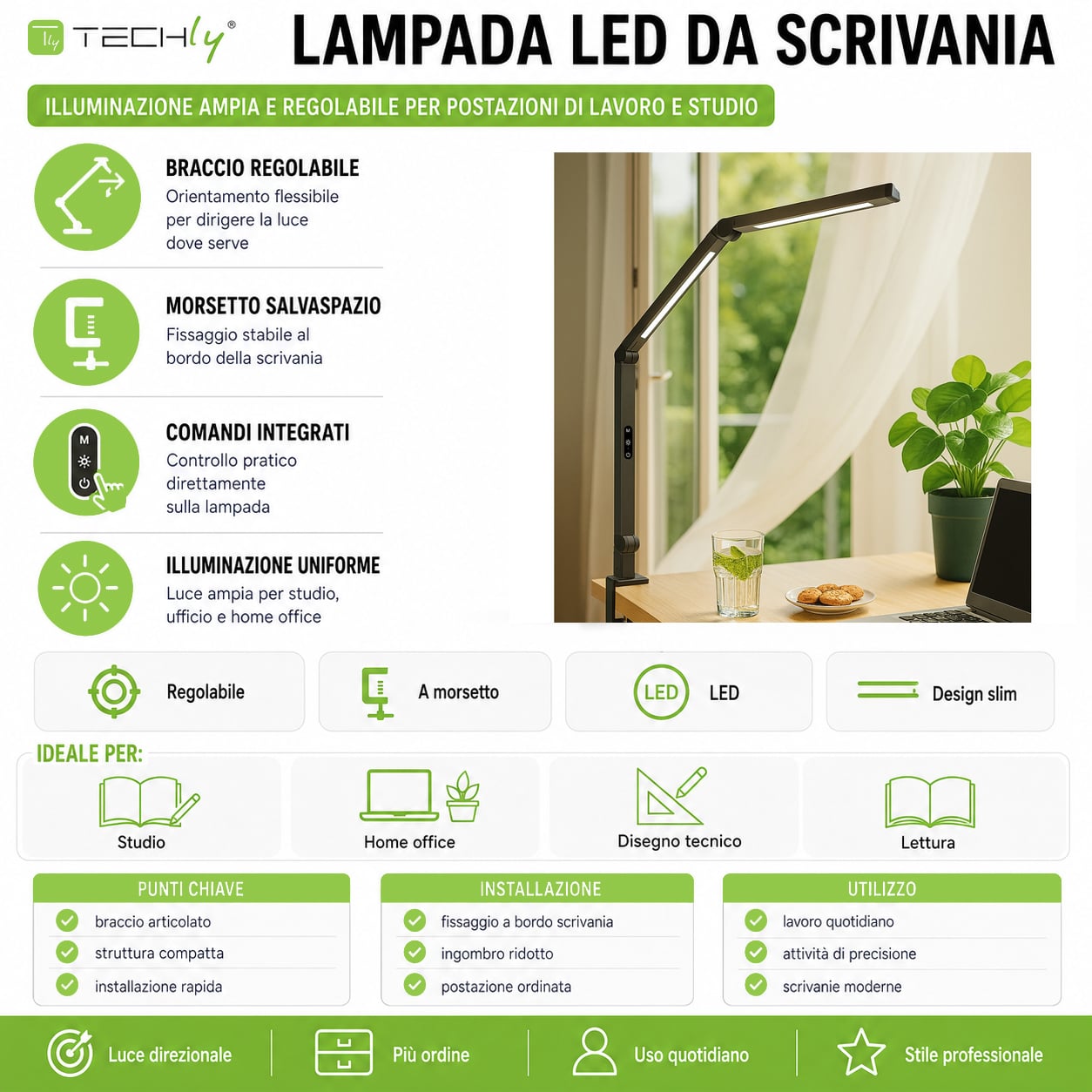 Lampada LED a Doppia Sorgente Luminosa con Braccio Regolabile e Attacco a Morsetto - Miniatura 2