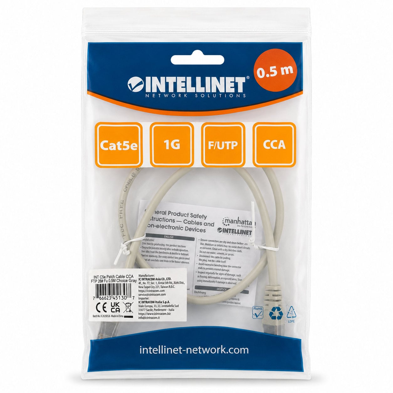 Cavo di Rete Patch in CCA Cat.5E Schermato F/UTP 0,5 m Grigio - Miniatura 2