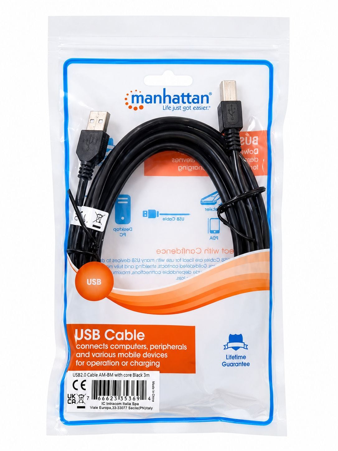 Cavo USB 2.0 A M / B M con Ferrite Doppia Schermatura Nero 3 metri - Miniatura 2