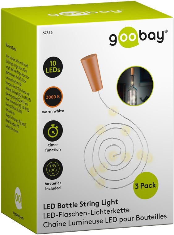 Confezione da 3pz Catena Luminosa per Bottiglie da 10 LED con Timer - Miniatura 2