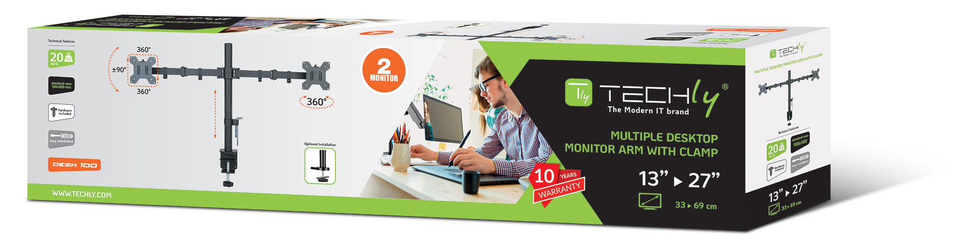 Supporto da Scrivania per 2 Monitor 13-27'' Installazione con Morsetto o Vite Passante - Miniatura 2