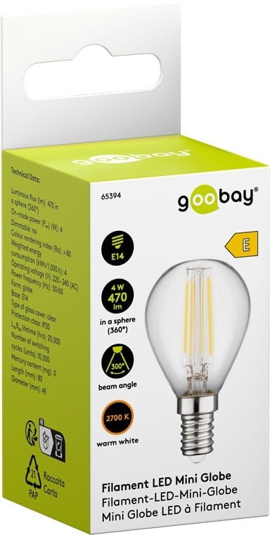 Lampadina Mini Globo E14 a Filamento Bianco Caldo 4W, Classe E - Miniatura 2
