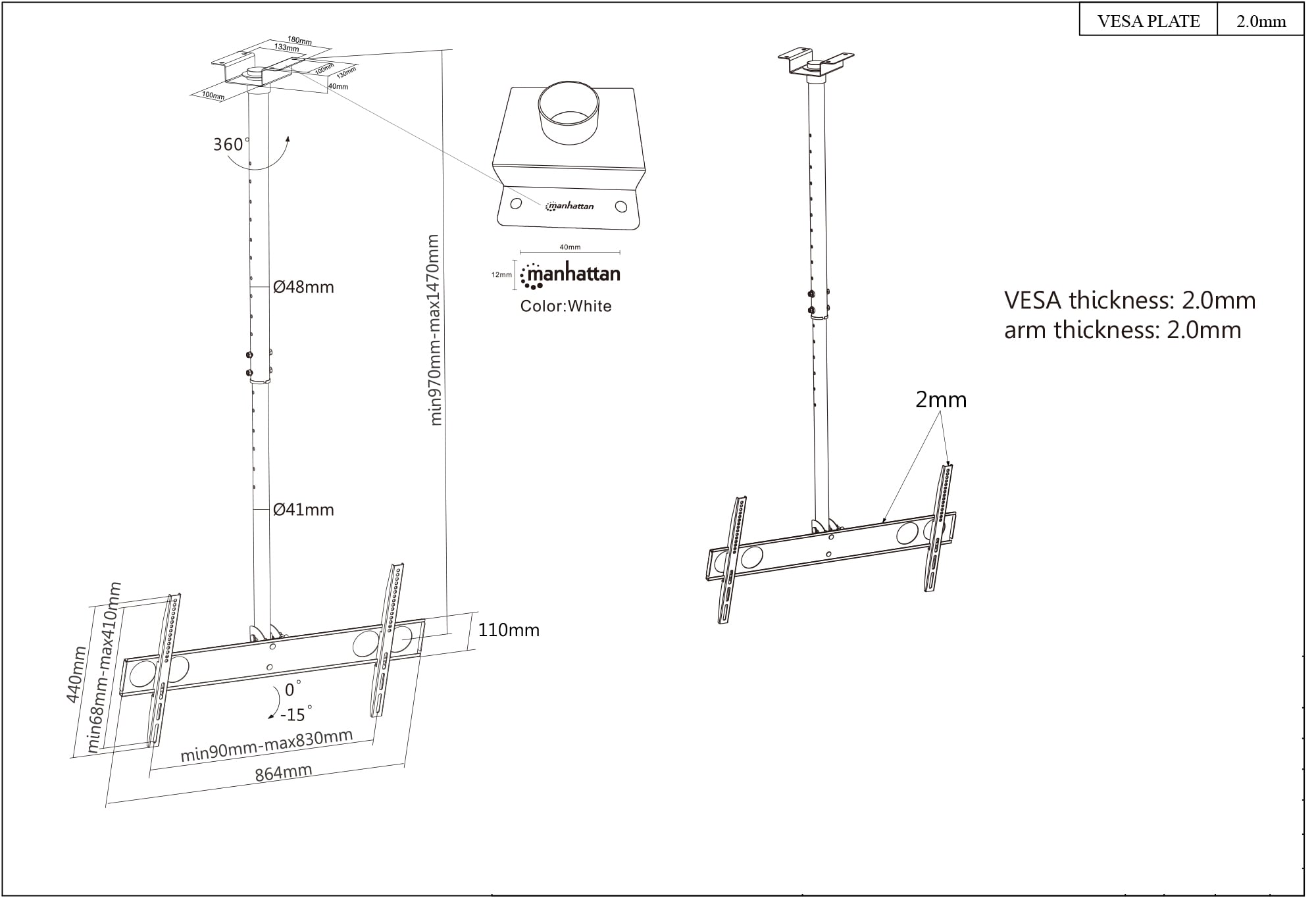 Supporto universale a soffitto per TV LED/LCD 37-70'' - Miniatura 3