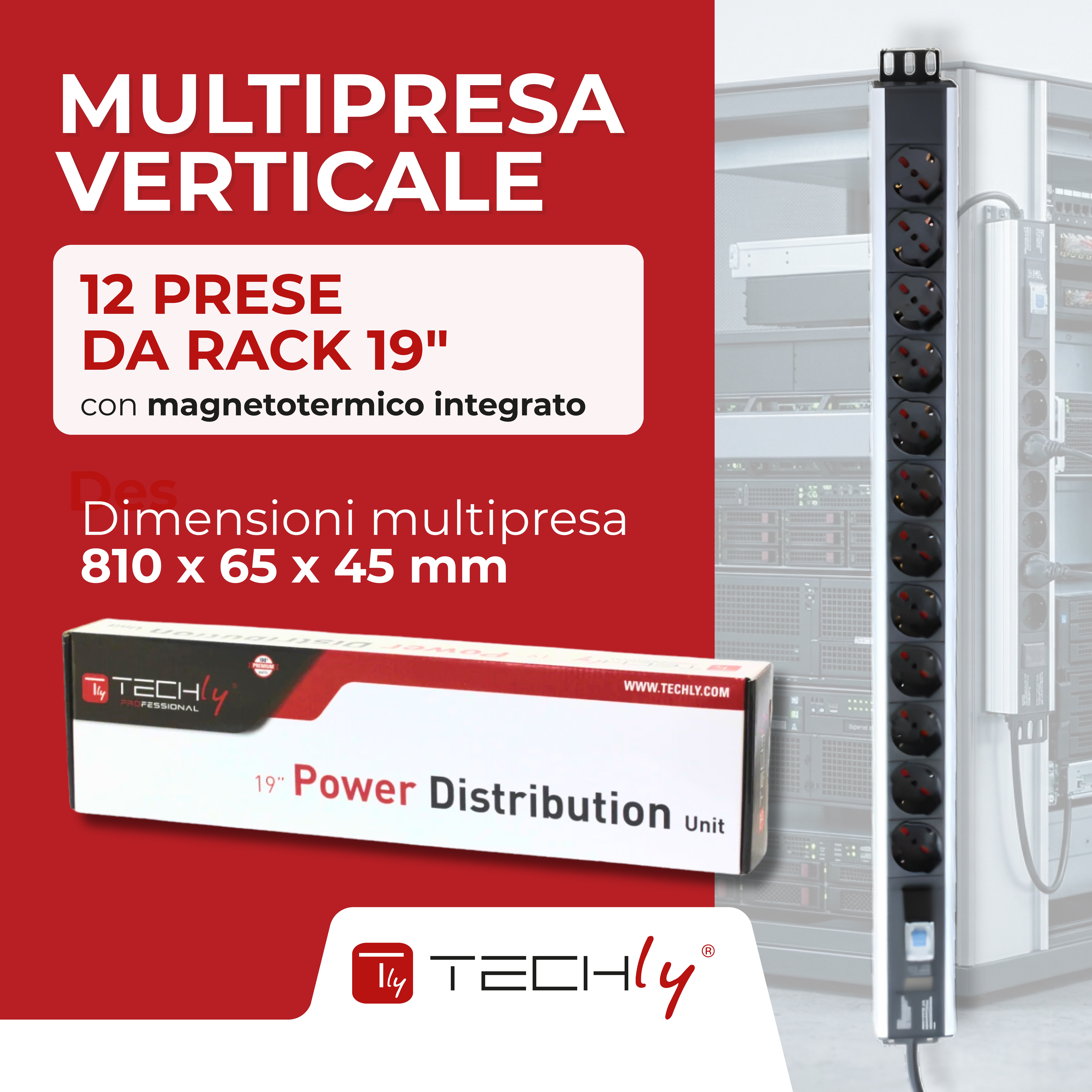 Multipresa Verticale 12 Posti da Rack 19'' con Magnetotermico Spina Italiana - Miniatura 3