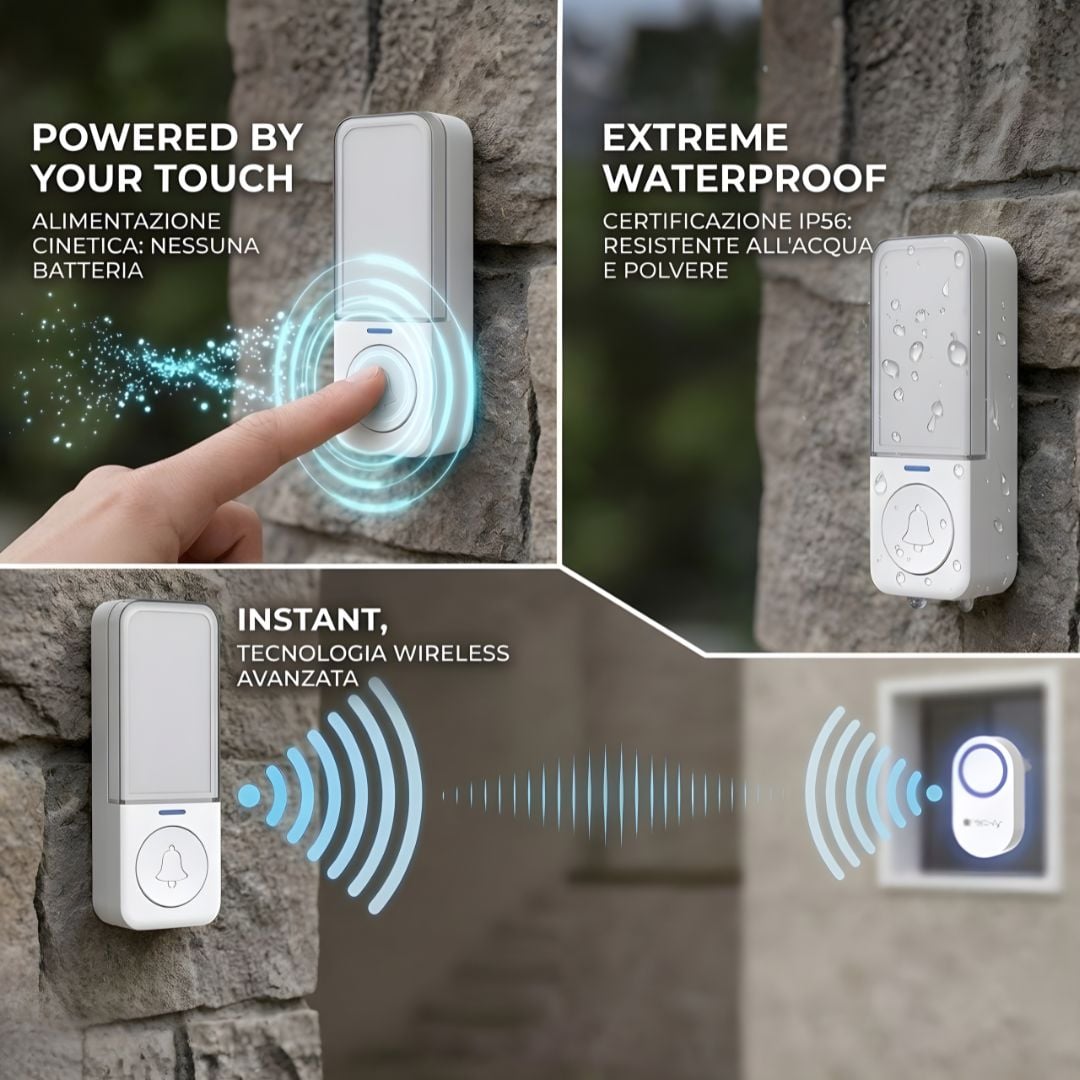 Kit Campanello Wireless fino a 180m con Pulsante IP56 Battery Free - Miniatura 3