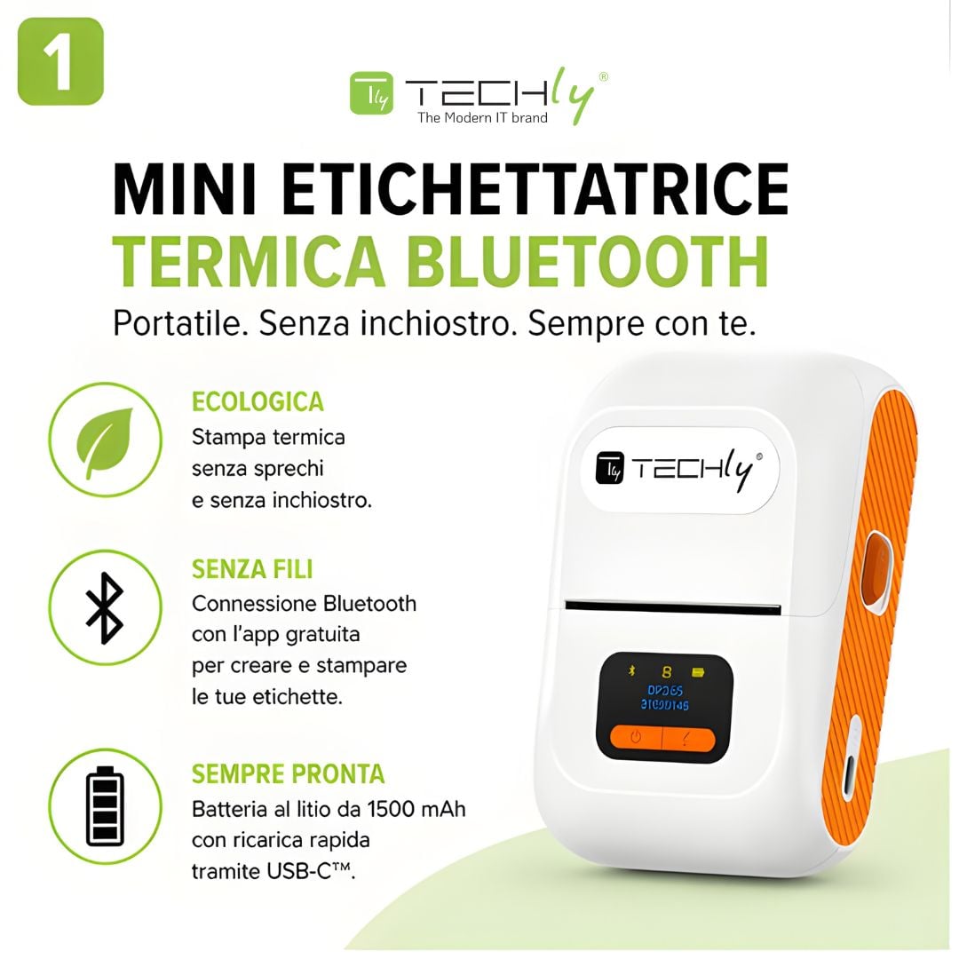 Mini Etichettatrice Stampante Termica Bluetooth C/Display Portatile Ricarica USB-C™ - Miniatura 3