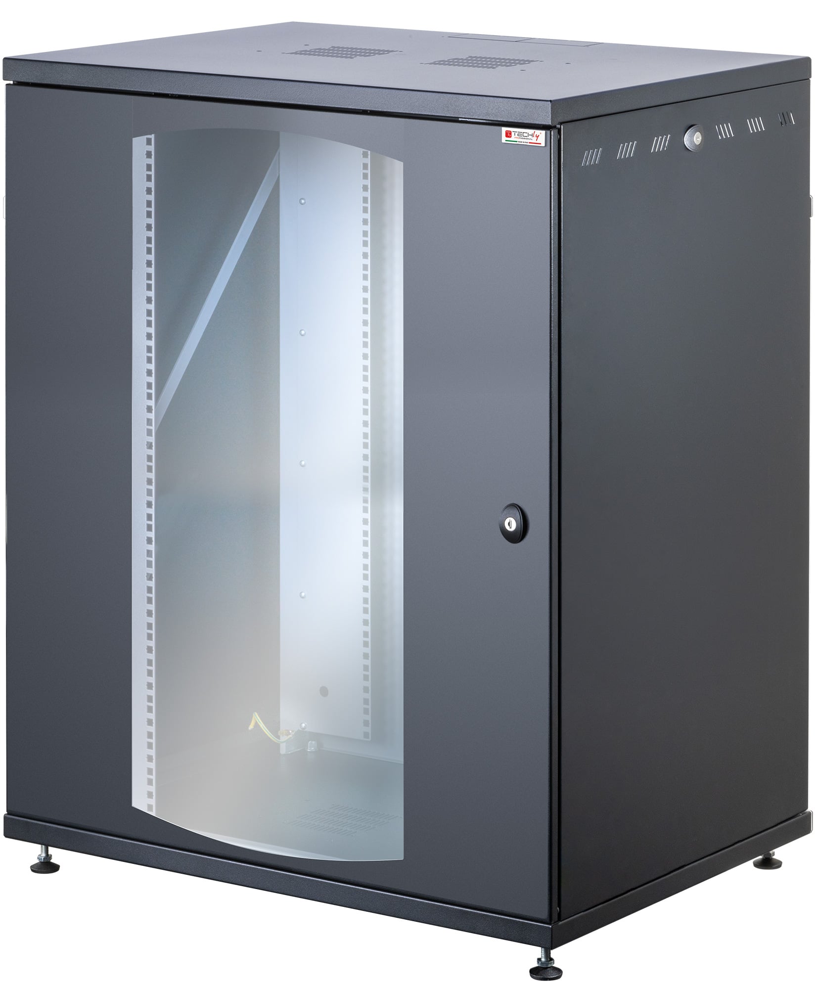 Armadio Rack 19'' a Muro 16U P 600mm L 800mm Porta Vetro Nero - Miniatura 3