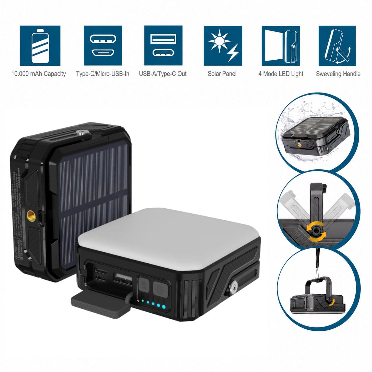 Powerbank Outdoor Energia Solare 10000 mAh con Lampada da Campeggio/Torcia IP65 2xUSB, Nero - Miniatura 3