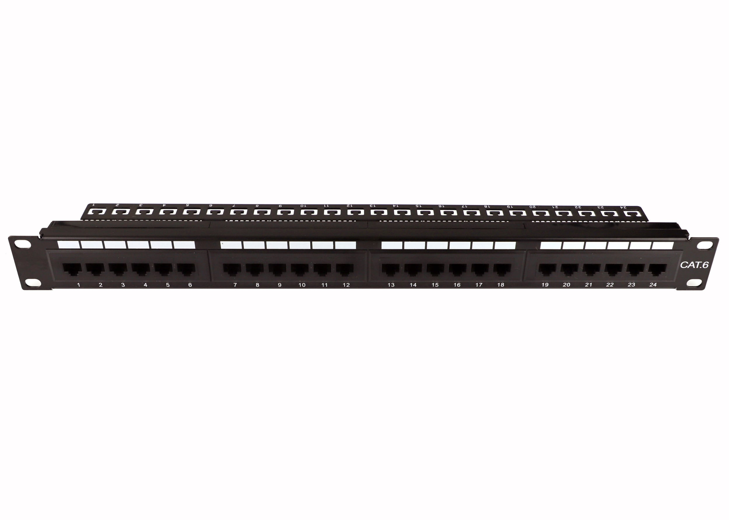Pannello Patch UTP 24 Posti Cat.6 1U con barra gestione cavi removibile Nero - Miniatura 3
