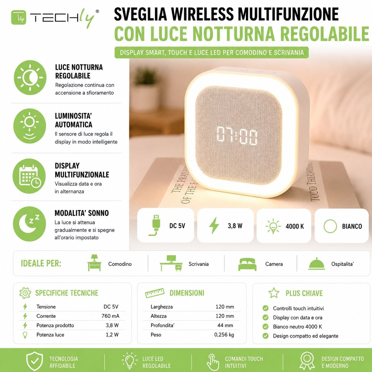 Sveglia Wireless Multifunzione con Luce Notturna Regolabile - Miniatura 3