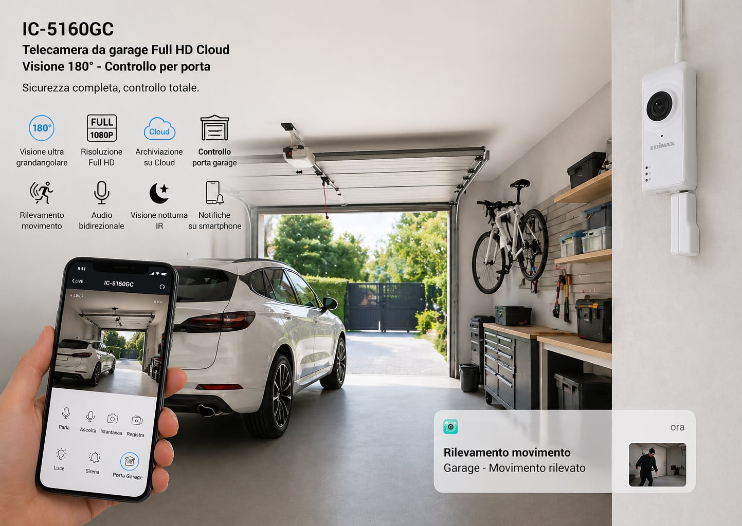 Telecamera da Garage Full HD Cloud Visione 180° Controllo per Porta, IC-5160GC - Miniatura 3