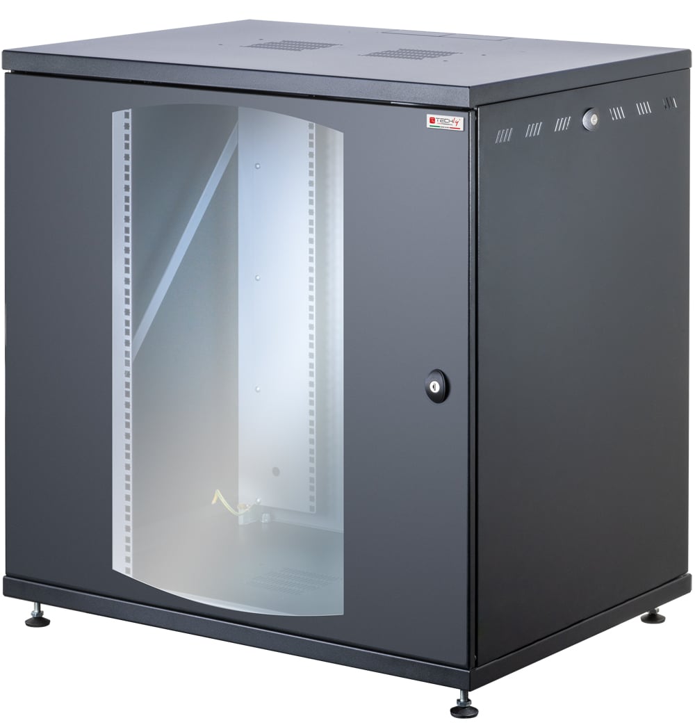 Armadio Rack 19'' a Muro 13U P 600mm L 800mm Porta Vetro Nero - Miniatura 3