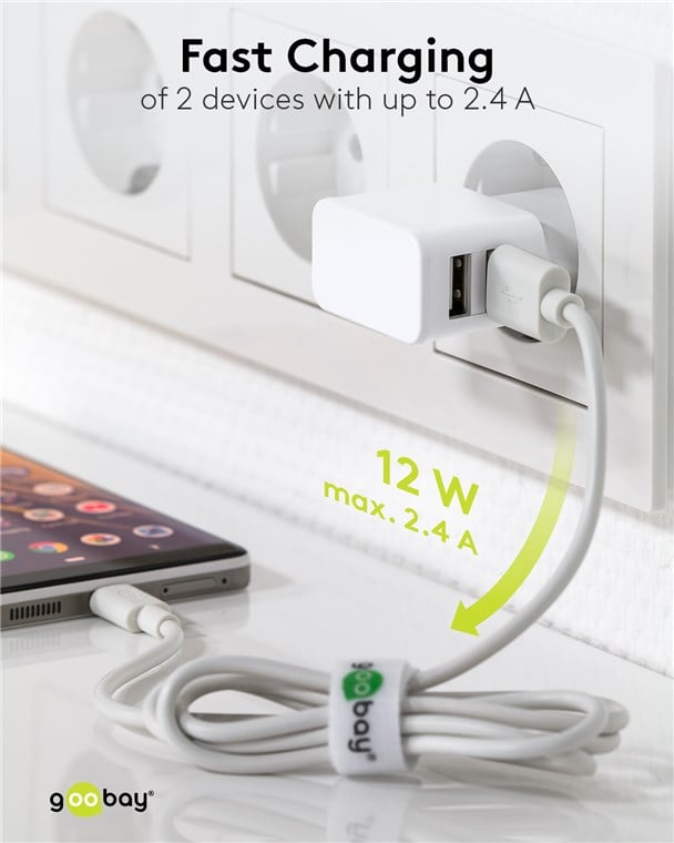 Caricatore da Muro 2 porte USB-A Slim Design 12W Bianco - Miniatura 4