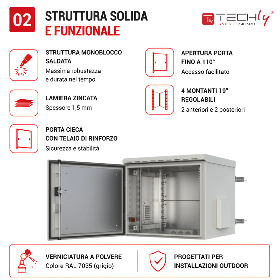 Armadio Rack 19'' Fissaggio a Palo 12U IP66 Porta Cieca Prof. 400 mm Grigio - Miniatura 4