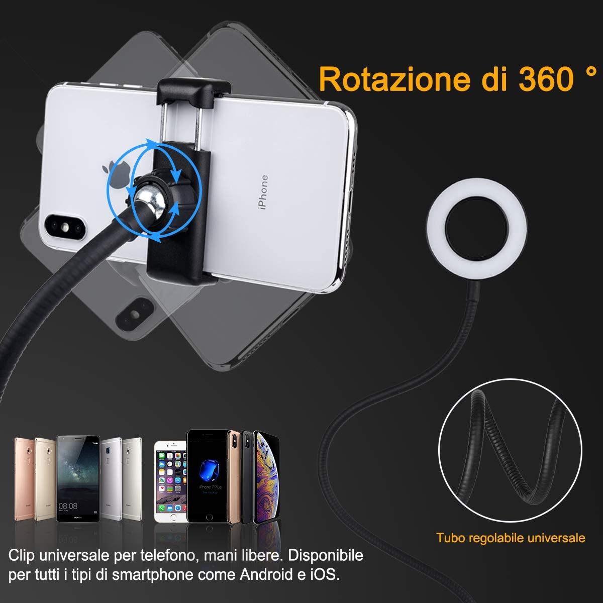 Luce LED Anello Portatile Regolazione Luminosità e Stand Smartphone - Miniatura 4