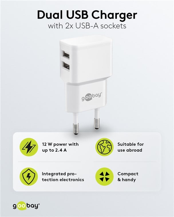 Caricatore da Muro 2 porte USB-A Slim Design 12W Bianco - Miniatura 5