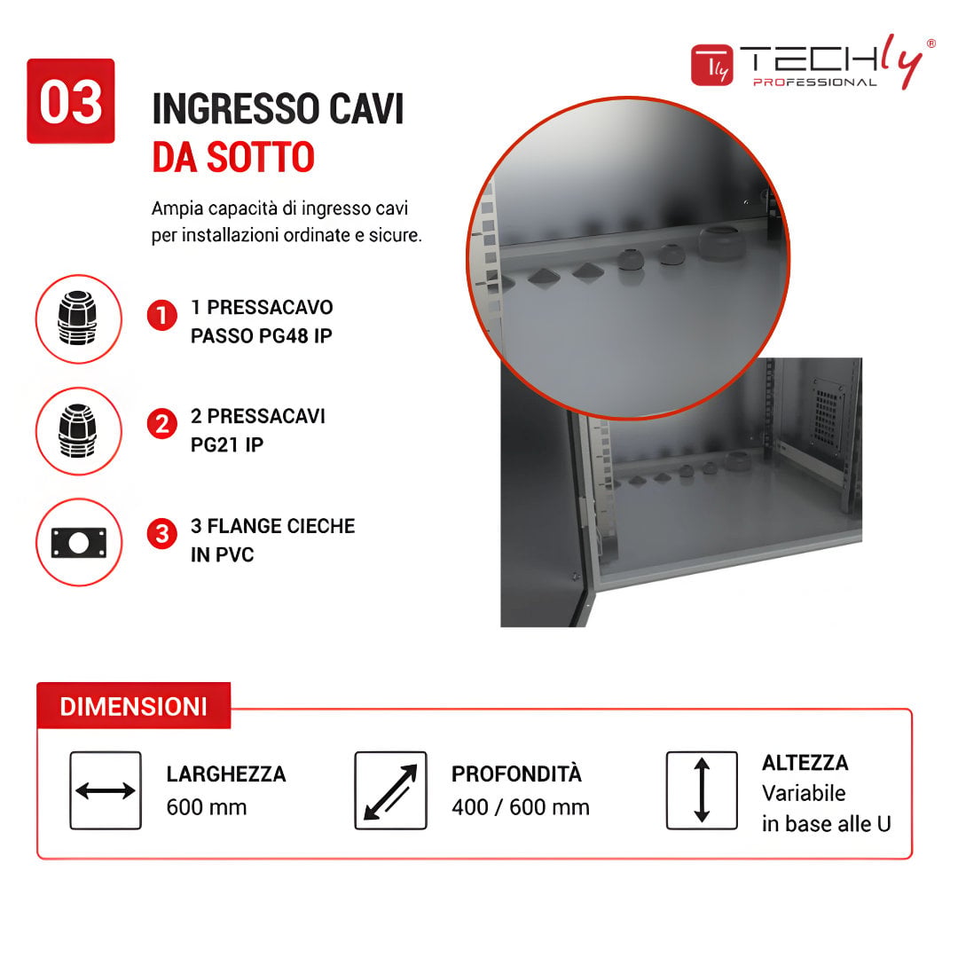 Armadio Rack 19'' Fissaggio a Palo 12U IP66 Porta Cieca Prof. 400 mm Grigio - Miniatura 5