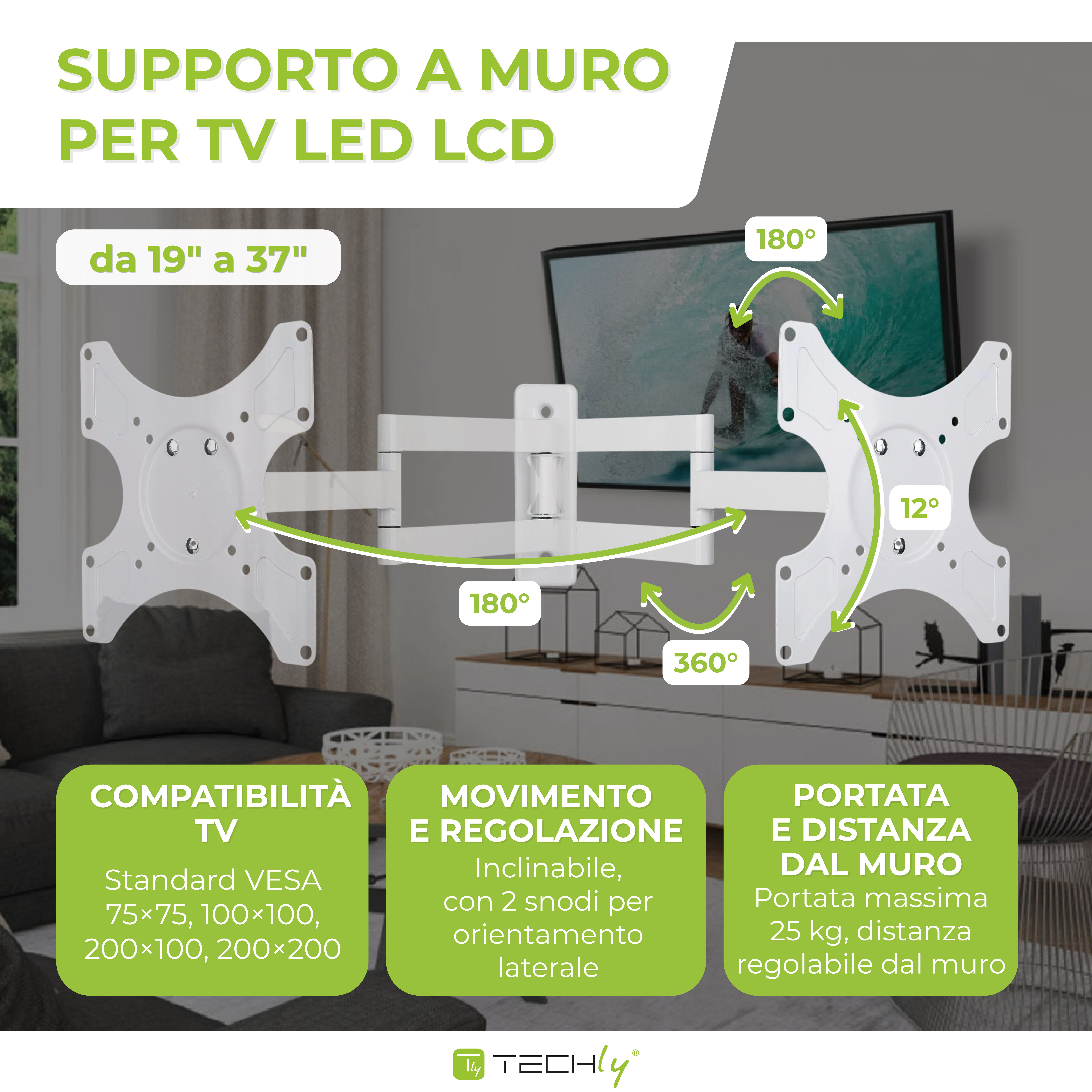 Supporto a muro per TV LED LCD 19-37'' inclinabile 3 snodi nero - Miniatura 5