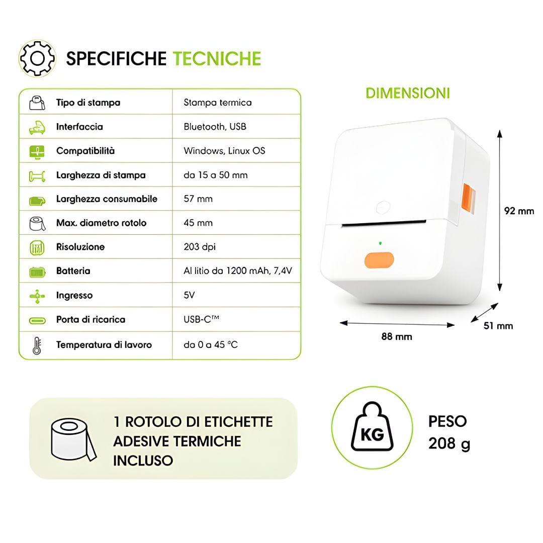 Mini Etichettatrice Stampante Termica Bluetooth Portatile Ricarica USB-C™ - Miniatura 5