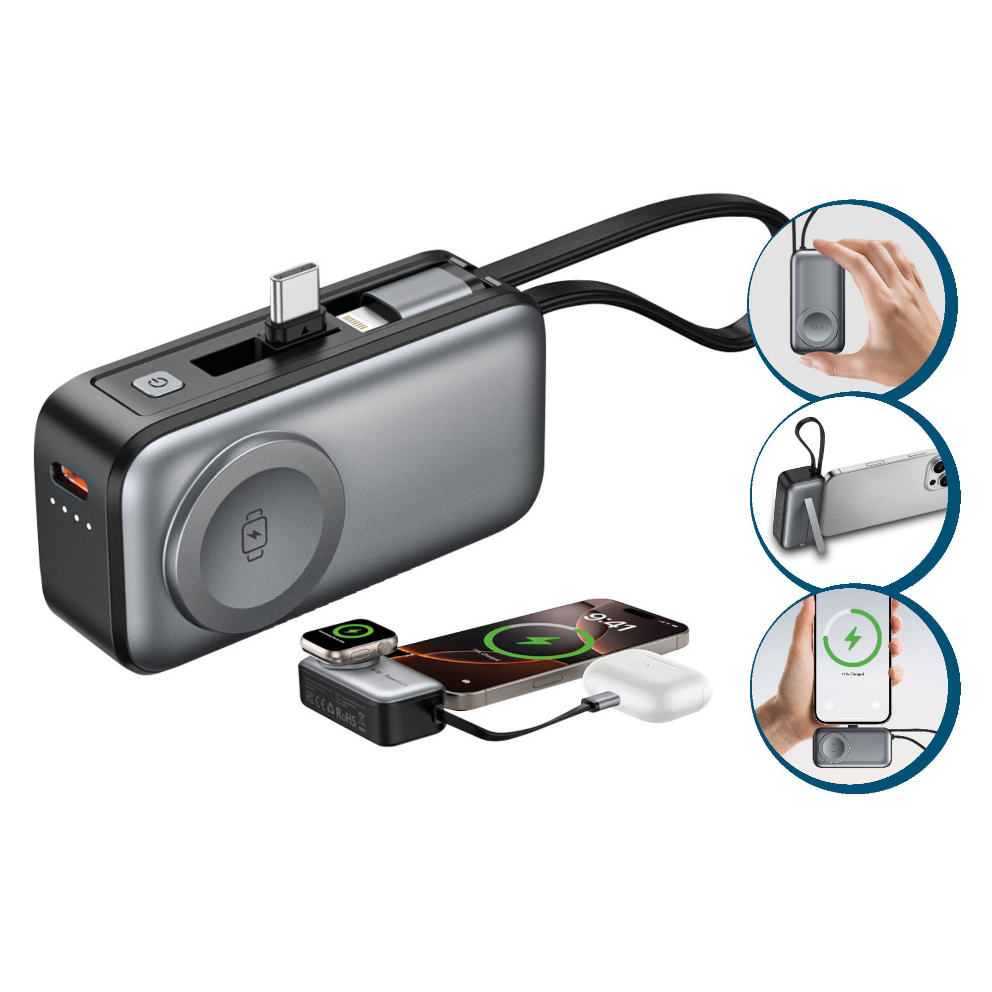 Mini Powerbank 3in1 5000 mAh con 2 porte USB-C™, Nero - Miniatura 5