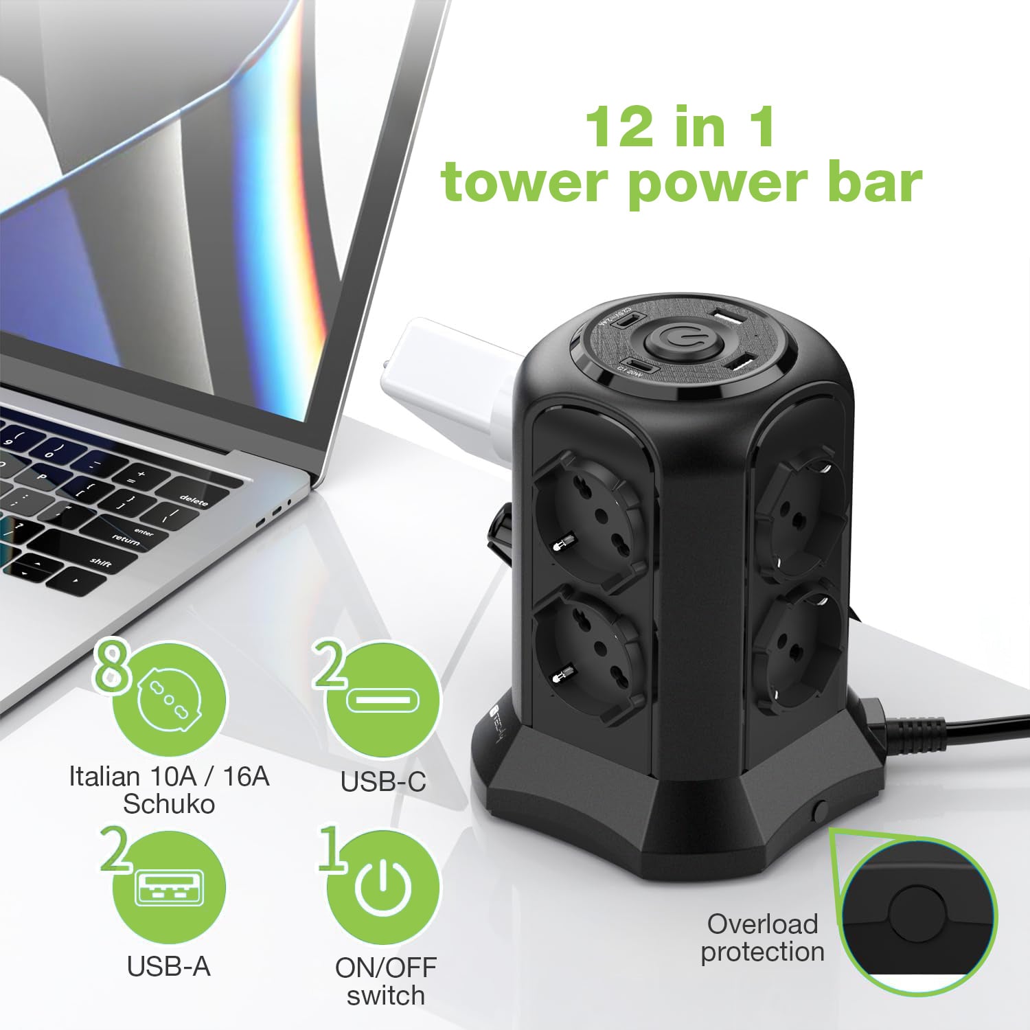 Multipresa da Tavolo a Torretta Salvaspazio 8 Posti Italiana Bipasso / Schuko 2 USB-A e 2 USB-C™ - Miniatura 6