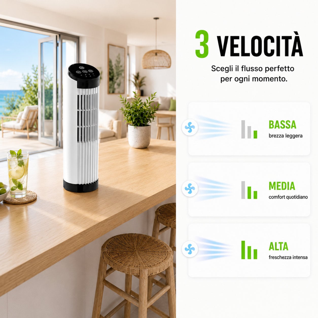 Mini Ventilatore a Torre 13'' 3 Velocità con Interruttore Touch Oscillazione 70° e Timer - Miniatura 6