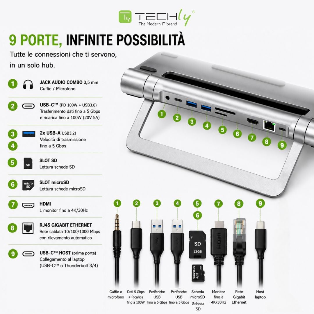 Docking Station USB-C™ 9 in 1 Hub USB3.1 Stand per Notebook Pieghevole - Miniatura 6