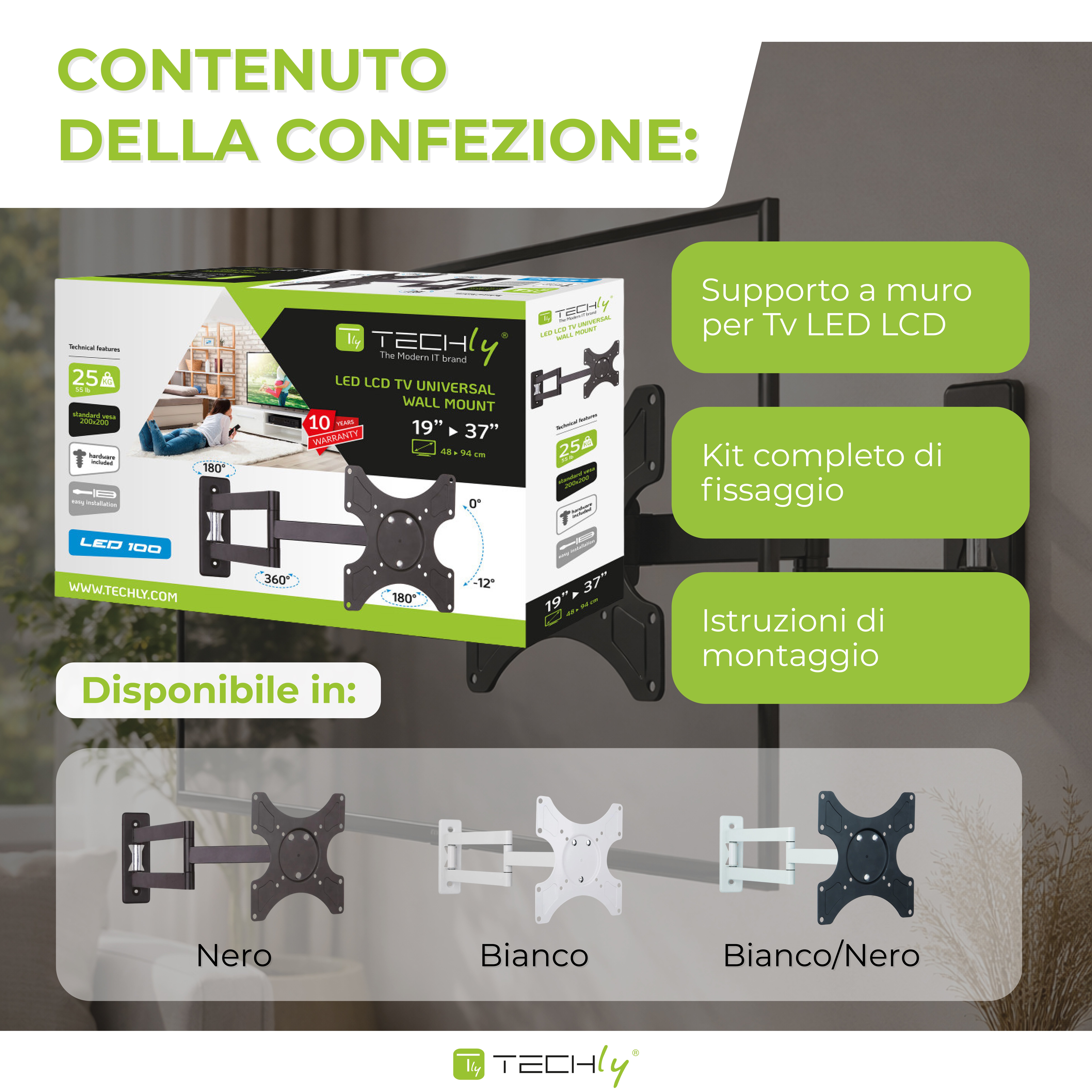 Supporto a muro per TV LED LCD 19-37'' inclinabile 3 snodi nero - Miniatura 6