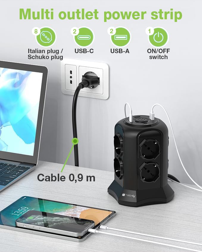 Multipresa da Tavolo a Torretta Salvaspazio 8 Posti Italiana Bipasso / Schuko 2 USB-A e 2 USB-C™ - Miniatura 7