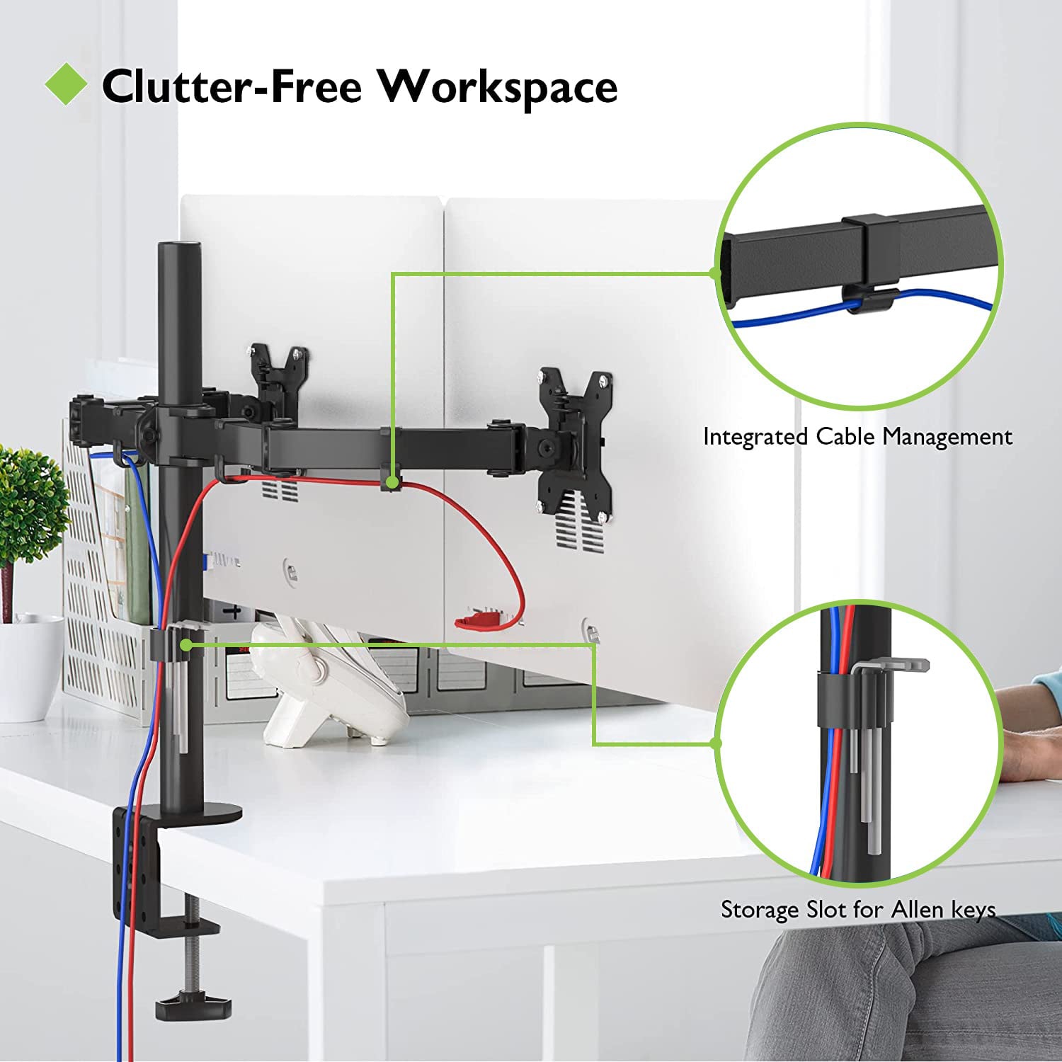Supporto da Scrivania per 2 Monitor 13-27'' Installazione con Morsetto o Vite Passante - Miniatura 7