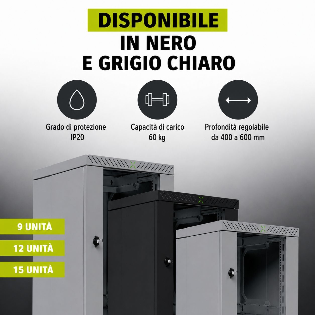 Armadio Rack 19'' a Muro 15U da Assemblare Profondità 400-600 mm Nero - Miniatura 9