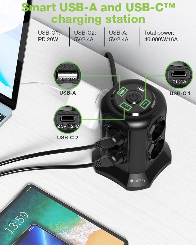 Multipresa da Tavolo a Torretta Salvaspazio 8 Posti Italiana Bipasso / Schuko 2 USB-A e 2 USB-C™ - Miniatura 9