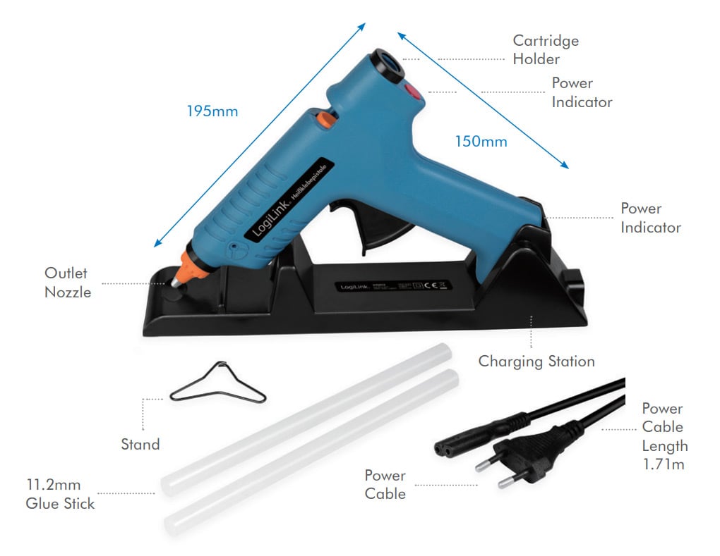 Pistola per Colla a Caldo Wireless, 80W, con supporto, blu - Miniatura 9