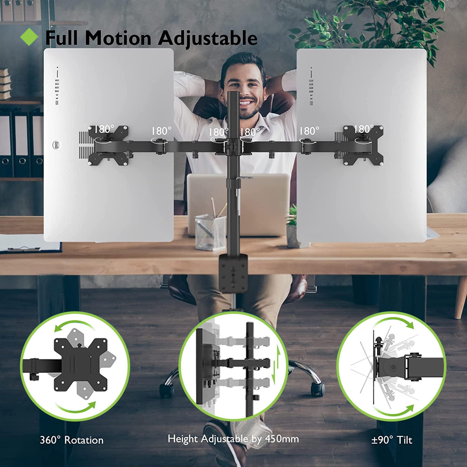 Supporto da Scrivania per 2 Monitor 13-27'' Installazione con Morsetto o Vite Passante - Miniatura 9