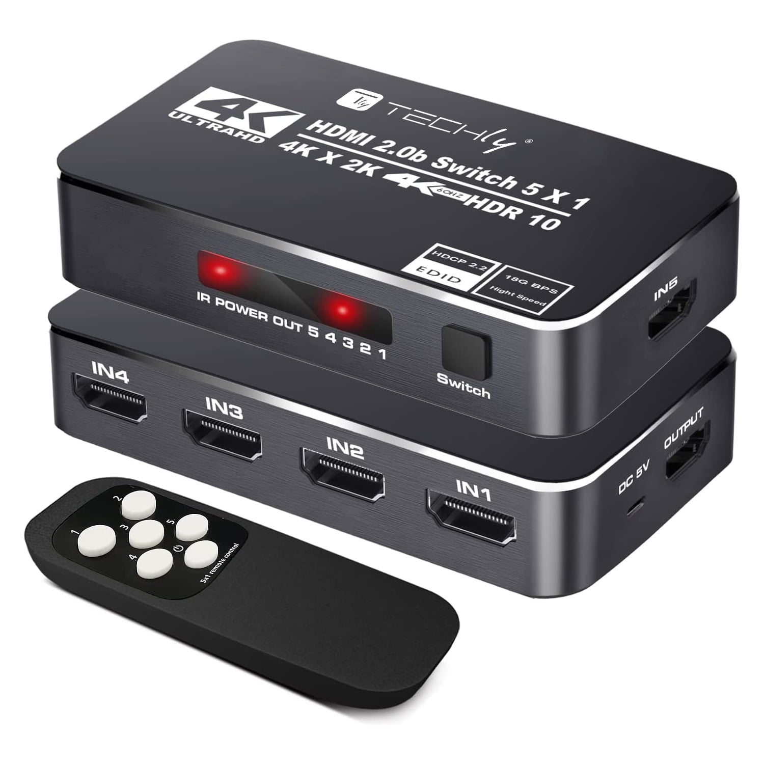 Switch HDMI 2.0b 5in 1out 4K HDR HDCP2.2 con Telecomando - Immagine 1