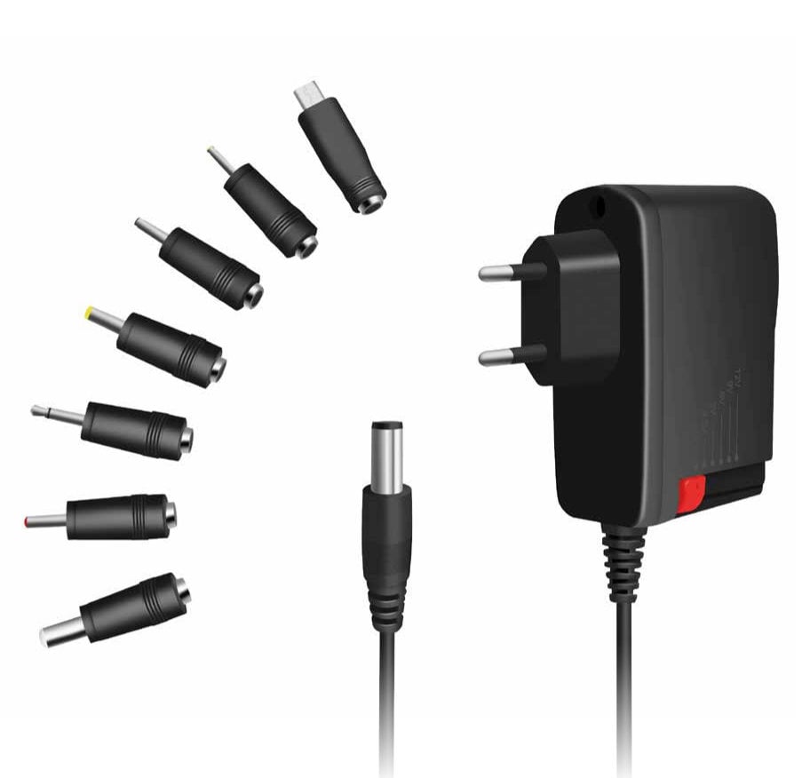 Alimentatore universale regolabile, 3 V-12 V, 1 A, 12 W, 8 adattatori