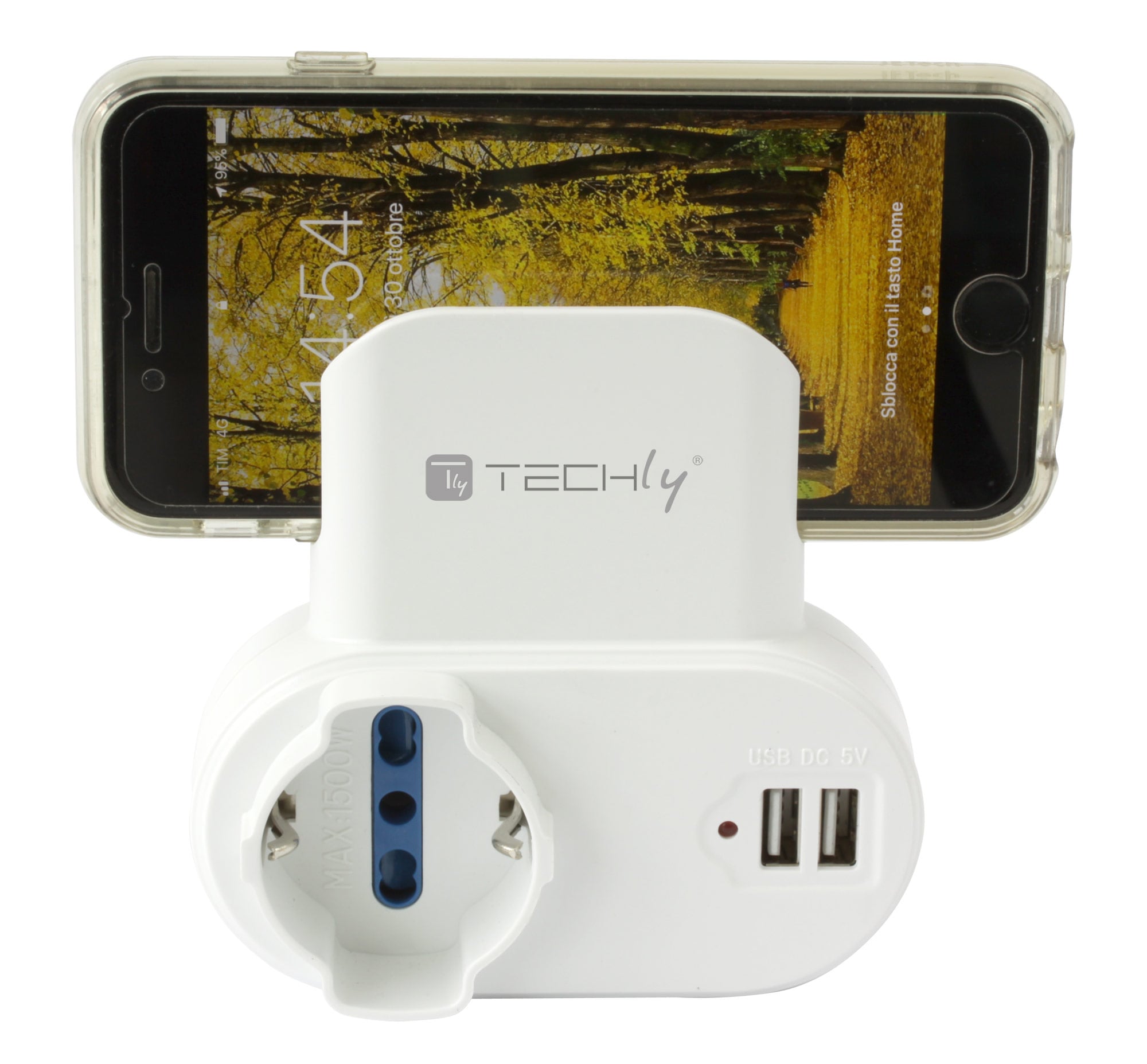 Adattatore Presa bipasso/Schuko 2 USB 1A con porta telefono - Immagine 1
